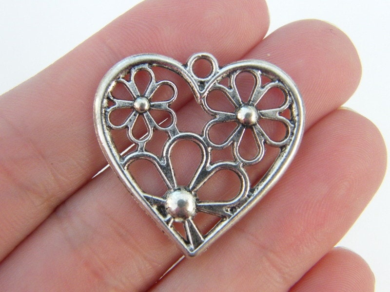 4 Heart flower pendants antique silver tone H26