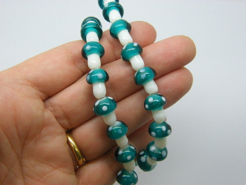 22 Mushroom beads teal and white glass L
