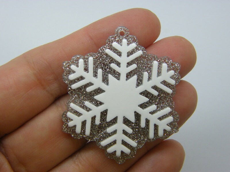 4 Multi layer snowflake pendants white clear silver glitter acrylic SF19
