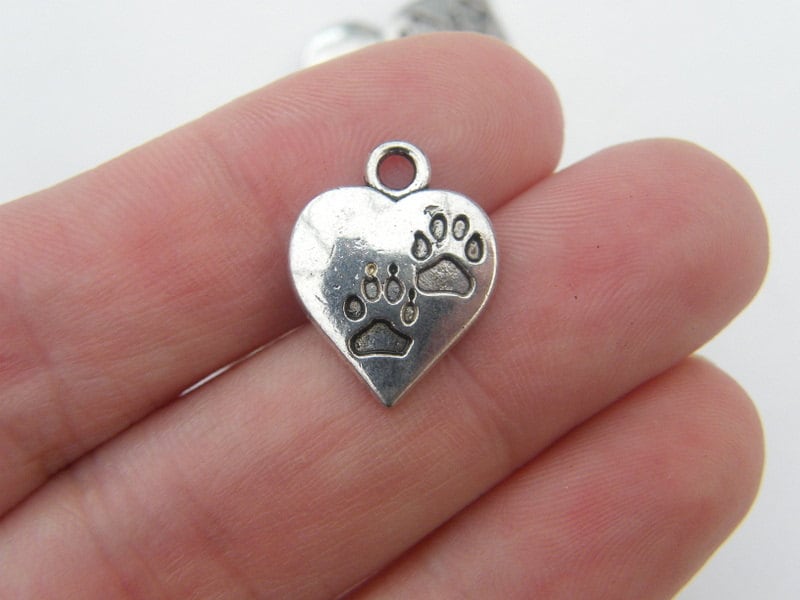 10 Heart with paw prints charms  antique silver tone A477