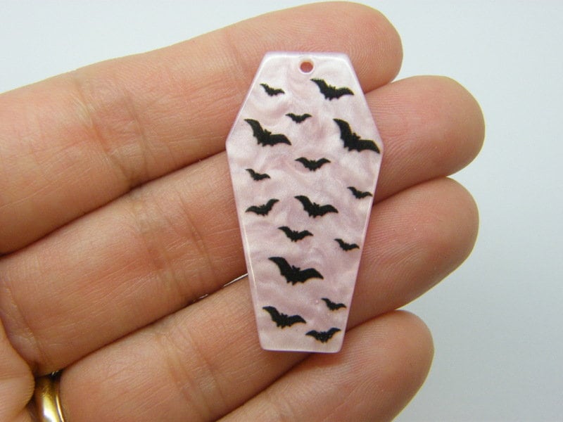 2 Coffin bats Halloween pendant pink black acrylic HC1175