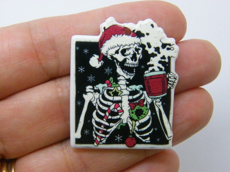 2 Creepy Christmas skeleton pendants white red black green acrylic CT107