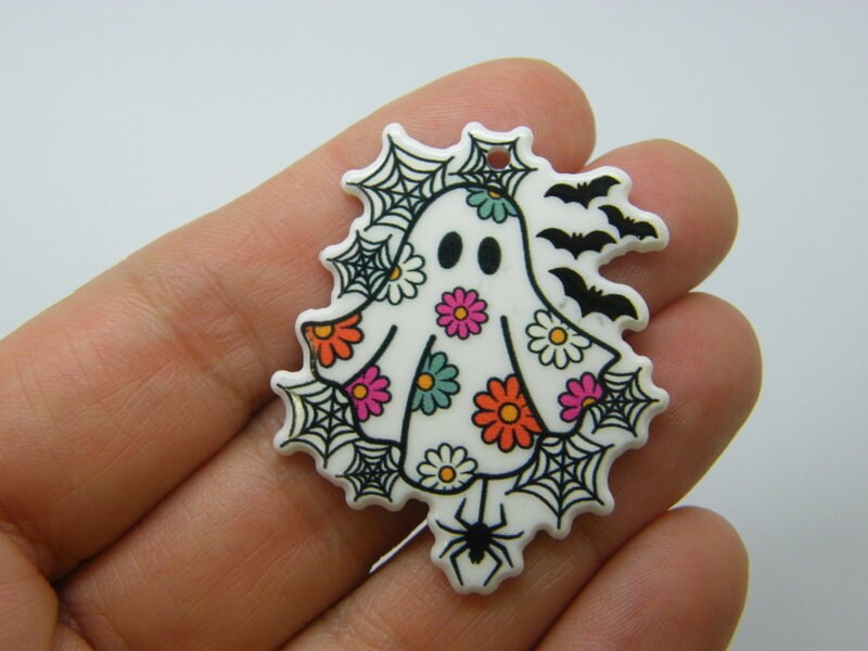 2 Ghost daisy Halloween pendants white black acrylic HC1264