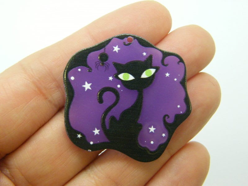 4 Cat Halloween pendants purple black acrylic HC1199