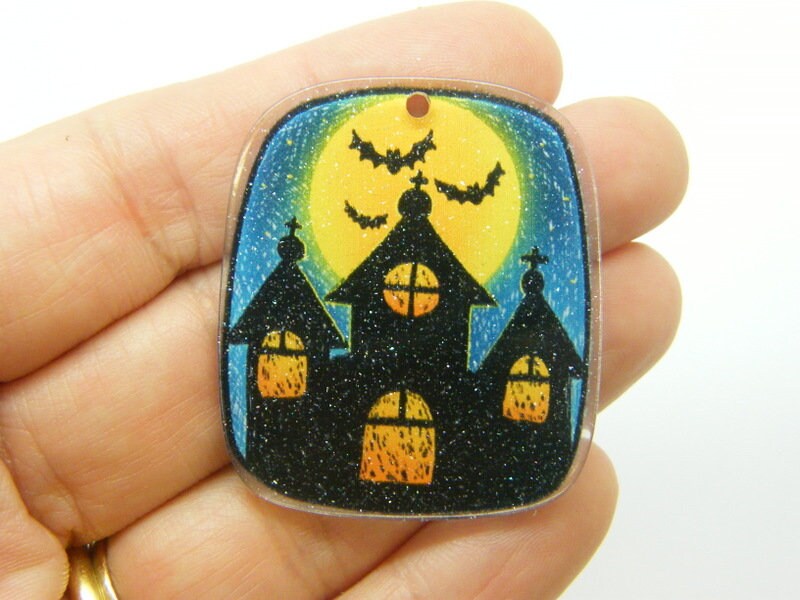 4 Haunted house moon bats Halloween pendants acrylic HC1197