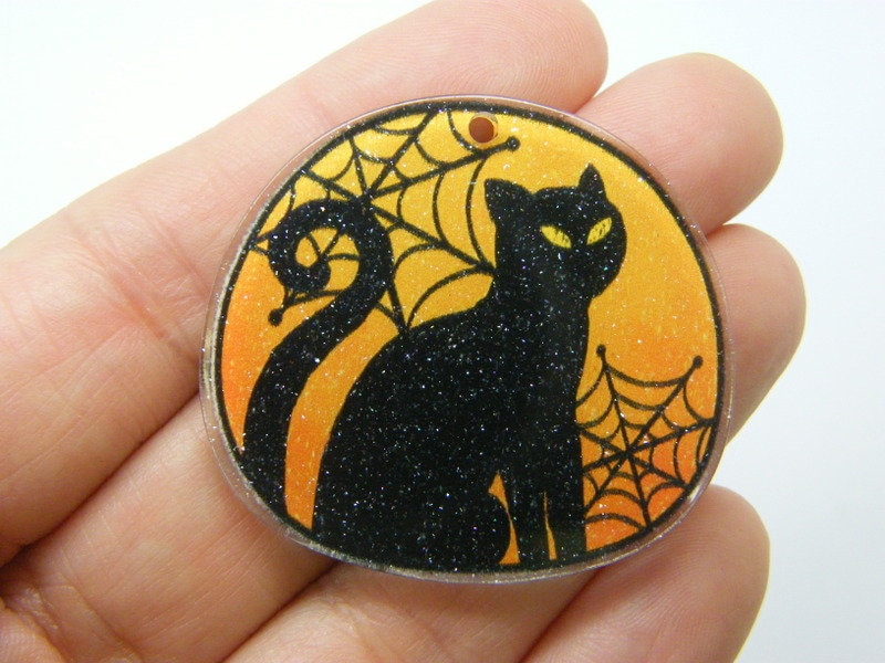4 Black cat cobwebs Halloween pendants acrylic HC1192