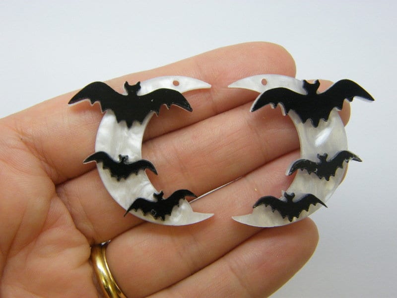 2 Bats moon pendants white black acrylic HC307
