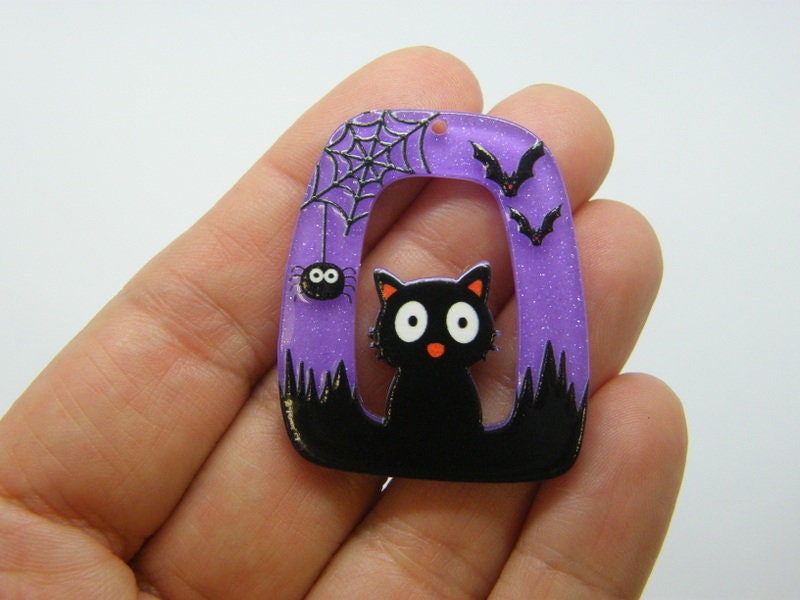 2 Cat Halloween pendants purple black acrylic HC1187