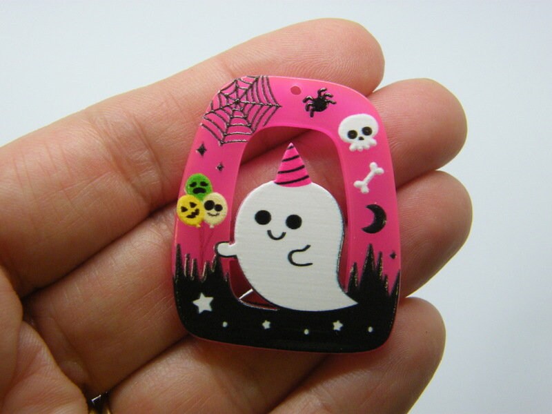 2 Ghost Halloween pendants pink black acrylic HC1190