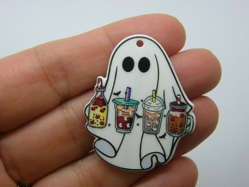 2 Ghost take out cups Halloween pendants white black acrylic HC1179