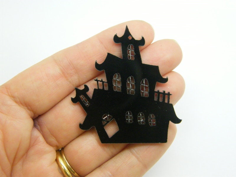 4 Haunted house Halloween pendants black acrylic HC1217