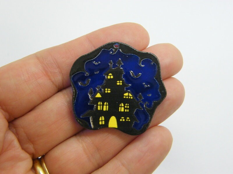4 Haunted house Halloween pendants blue black yellow acrylic HC1200