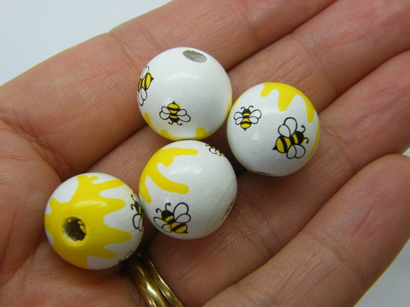 8 Bees honey beads  yellow black white wood A