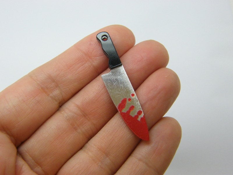 2 Bloody cooking knife charms red black silver acrylic HC607