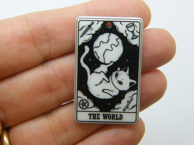 2 The World cat tarot card Halloween pendant black white acrylic HC1235