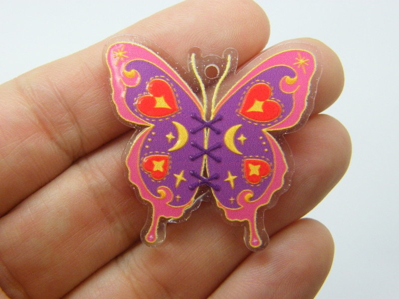 4 Butterfly pendants clear pink purple yellow acrylic A135