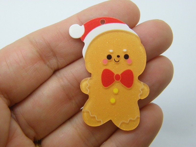 4 Gingerbread man Christmas pendants brown red white resin CT192