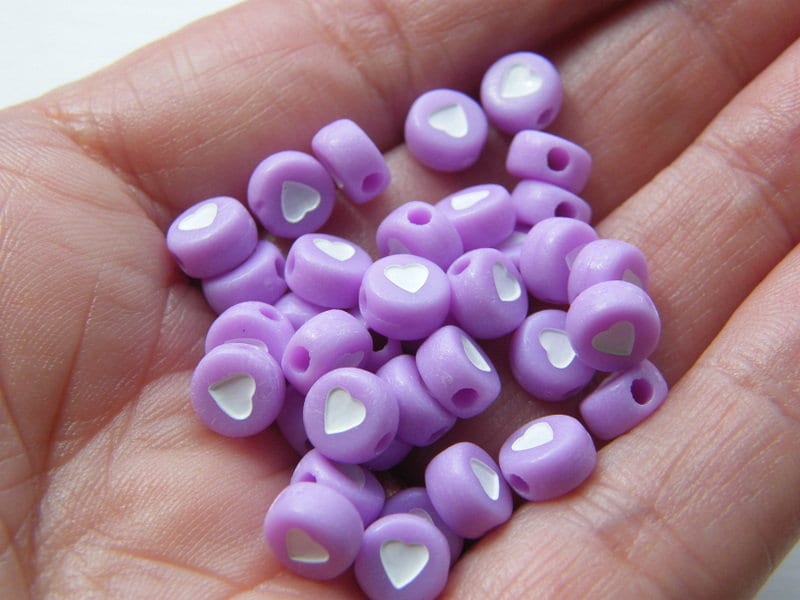 100 Heart beads  purple white acrylic AB303 - SALE 50% OFF