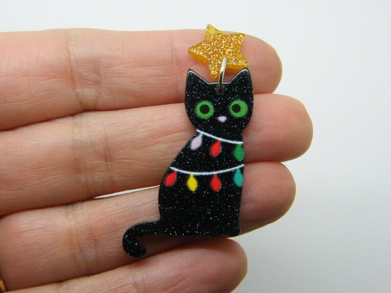 2 Christmas cat star pendants  black  acrylic CT228