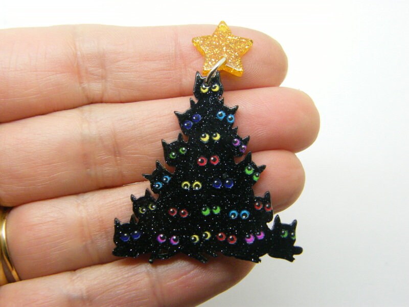 2 Cat Christmas tree star pendants green acrylic CT381