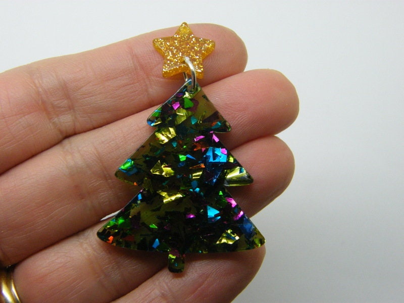 2 Christmas tree star  pendants glitter flakes acrylic CT360