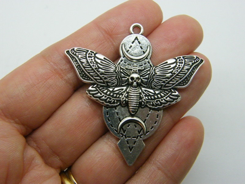 2 Moth butterfly insect moon pendants antique silver tone HC1013