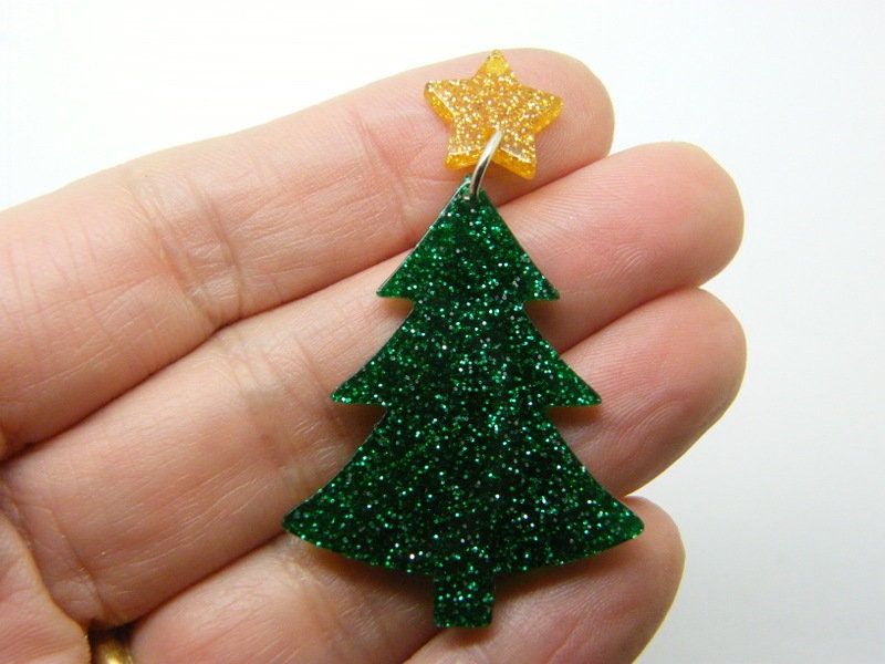 2 Christmas tree star  pendants green acrylic CT82