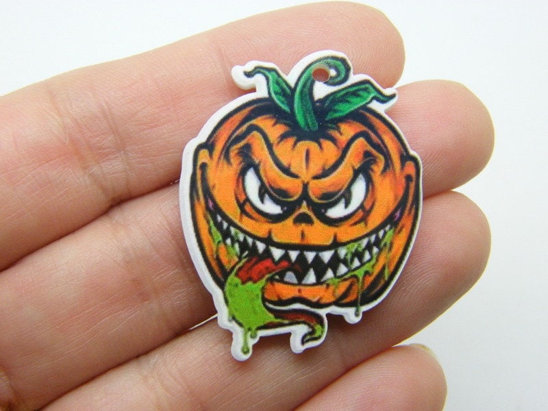 8 Beautifully printed Pumpkin Jack o lantern Halloween pendants orange green black white acrylic HC297