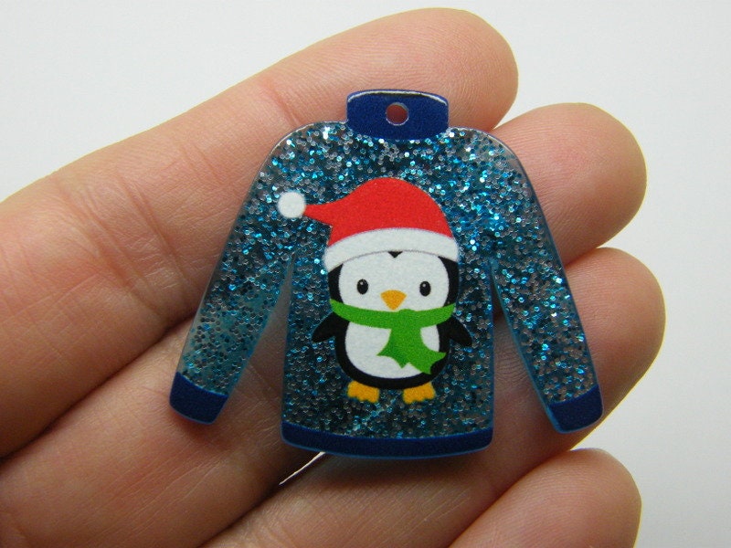 2 Penguin Christmas jumper sweater jersey pendants blue glitter acrylic CT110