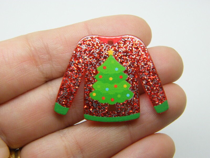 2 Christmas  tree jumper sweater jersey pendants red glitter acrylic CT239