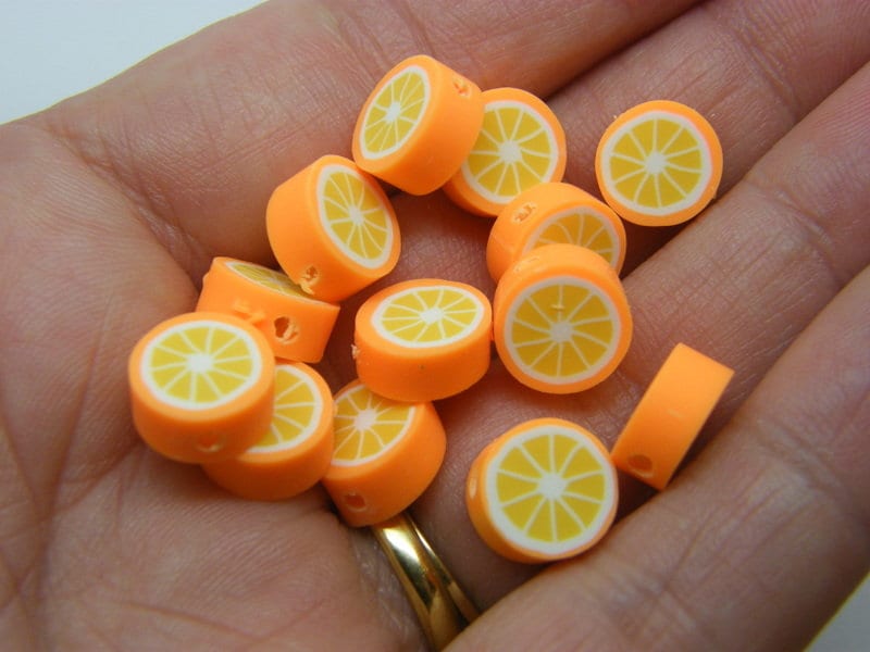 30 Orange slice beads bright orange white polymer clay FD95