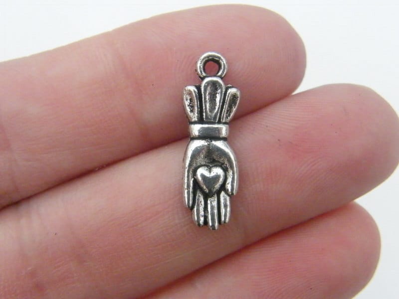12 Hand heart charms antique silver tone M241