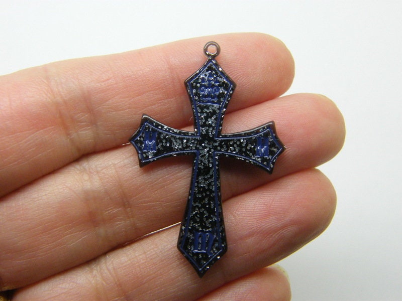 6 Cross pendants black glitter acrylic C15