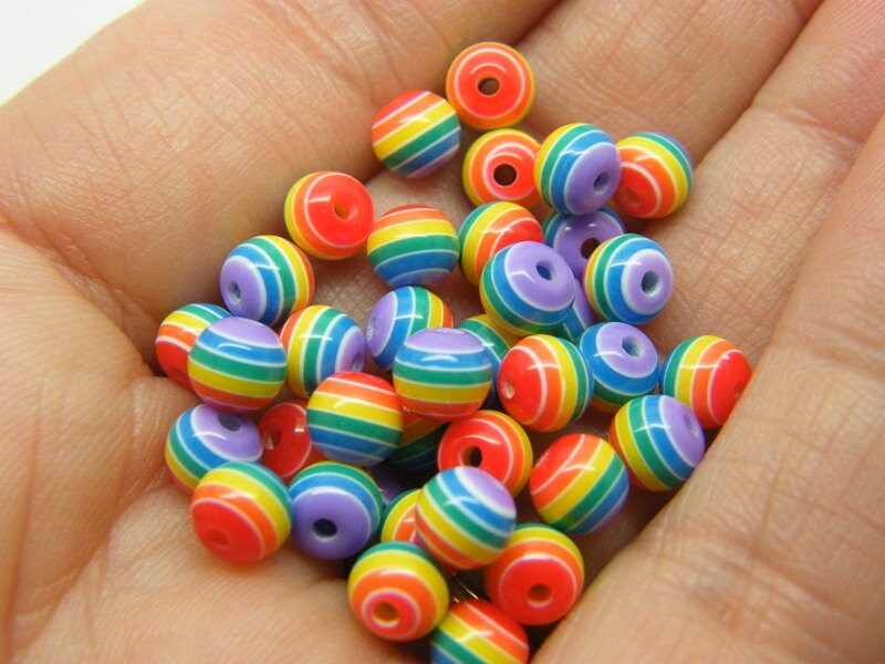 50 Rainbow striped beads 6mm resin AB377 - SALE 50% OFF