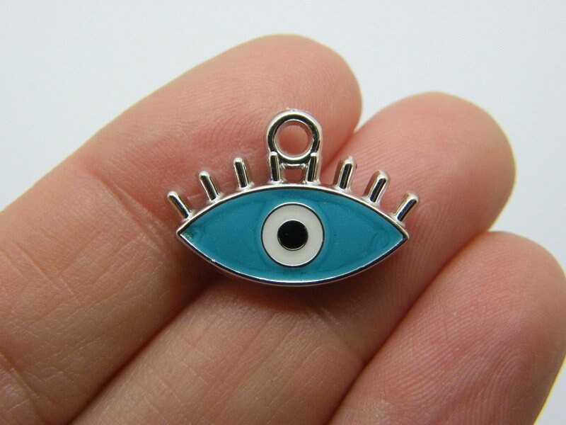 10 Evil eye charms sky blue silver CCB plastic I79
