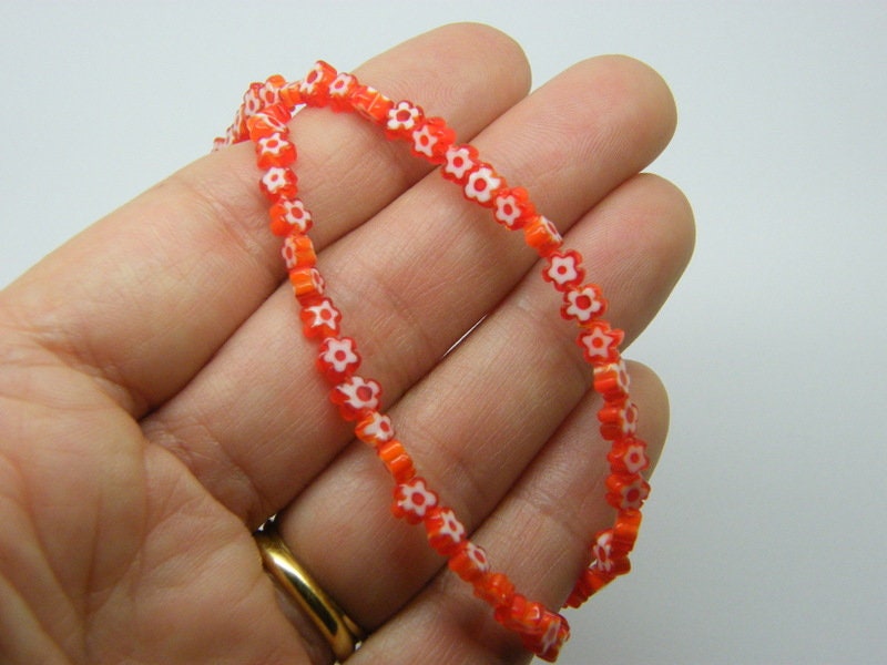 88 Millefiori beads flat flower red white 4mm glass OB128
