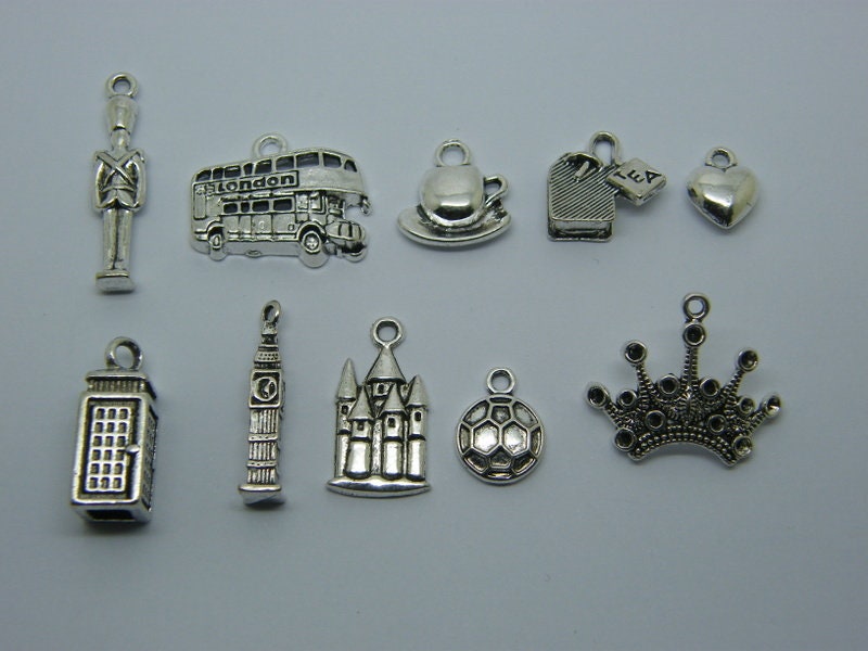 The I Love London Collection - 11 different antique silver tone charms