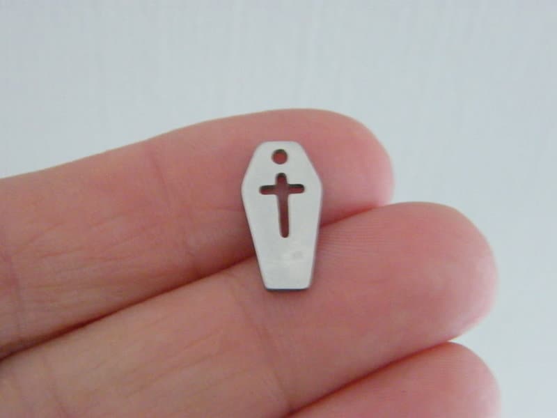 2  Coffin cross charms silver tone stainless steel HC1317