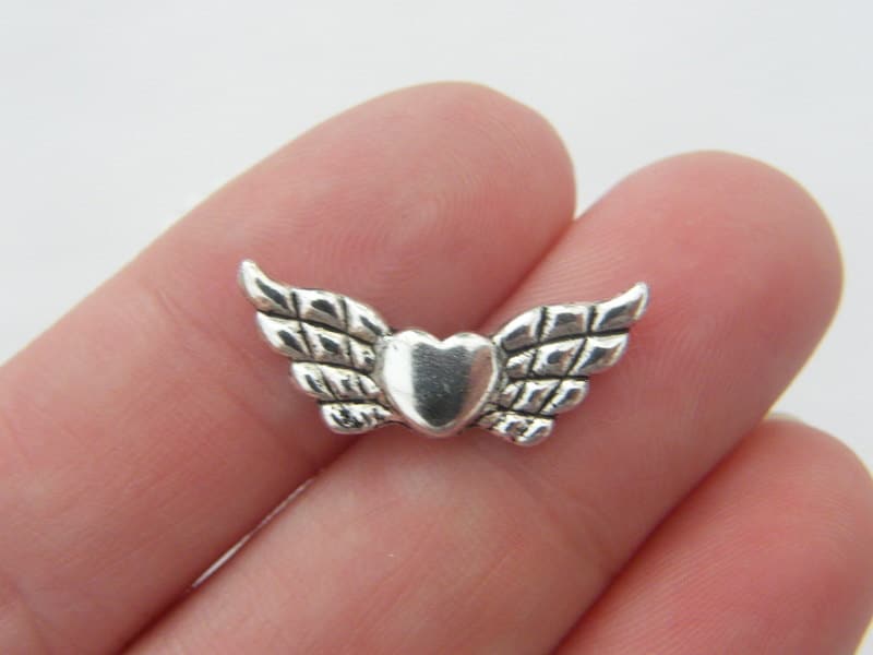 12 Angel wing heart spacer beads antique silver tone AW46