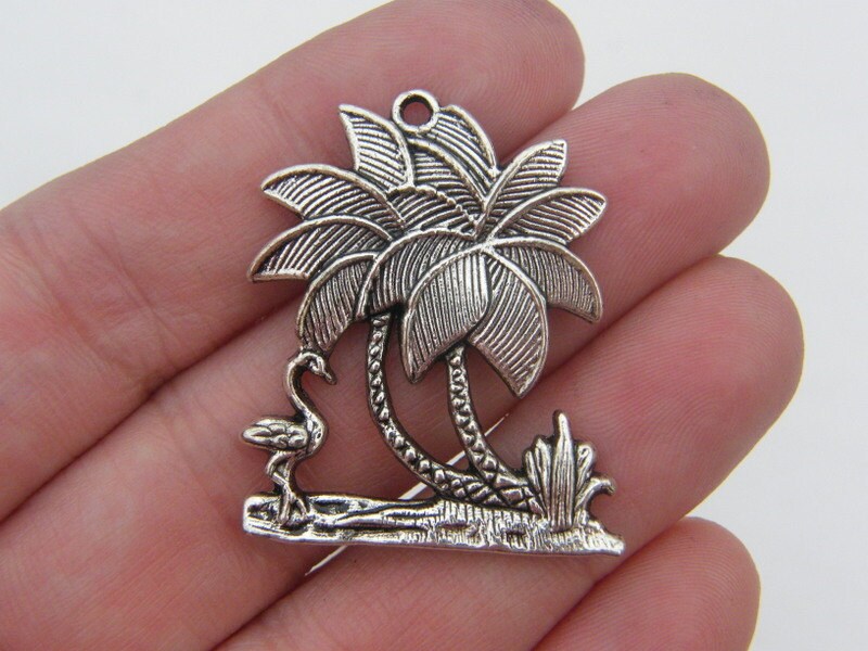 2 Flamingo and palm trees pendants antique silver tone T31