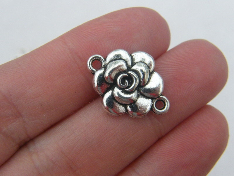 BULK 50 Rose flower connector charms antique silver tone F243