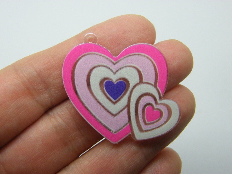 4 Double hearts pendants clear white pink purple acrylic H210