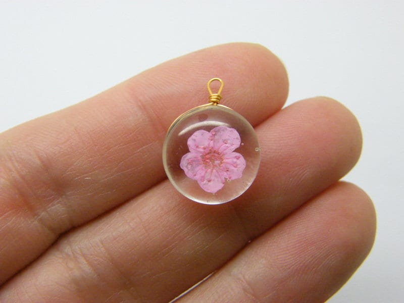 2 Dried flower pink glass pendants bronze tone F320