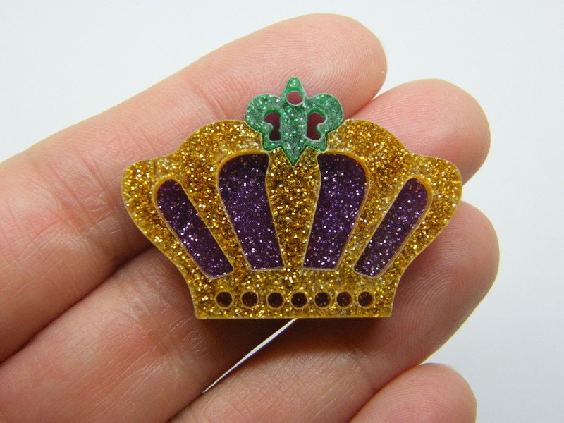 4 Crown pendants purple green gold glitter acrylic CA