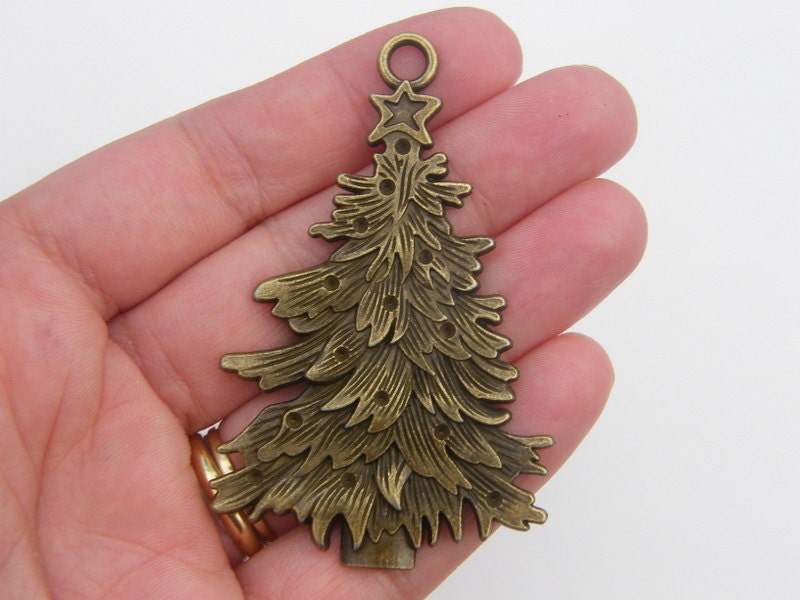 2 Christmas tree pendants antique bronze tone CT88