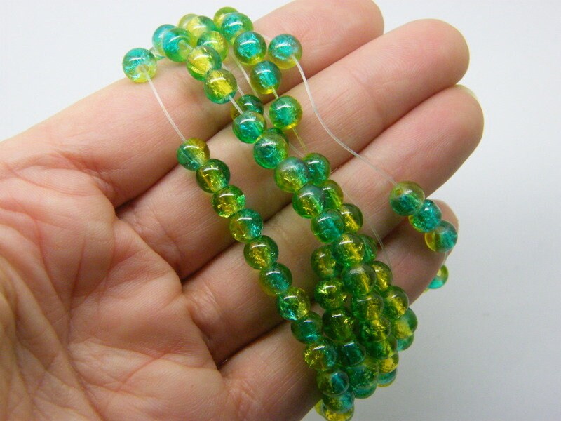 140  Green yellow crackle 6mm glass beads B173   - SALE 50% OFF