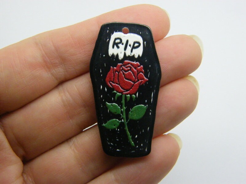 4 Coffin R.I.P. rose Halloween pendants black red white  acrylic HC323