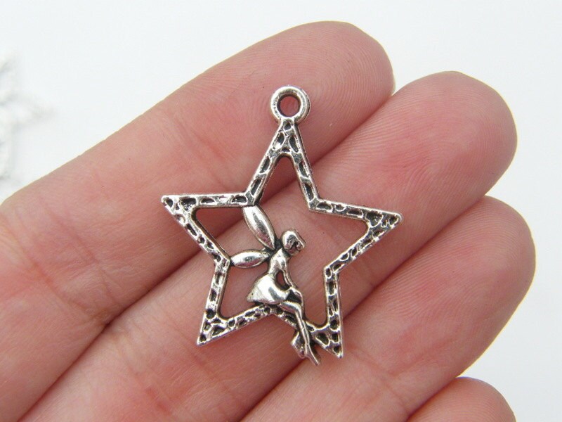 8 Fairy star pendants antique silver tone FB2