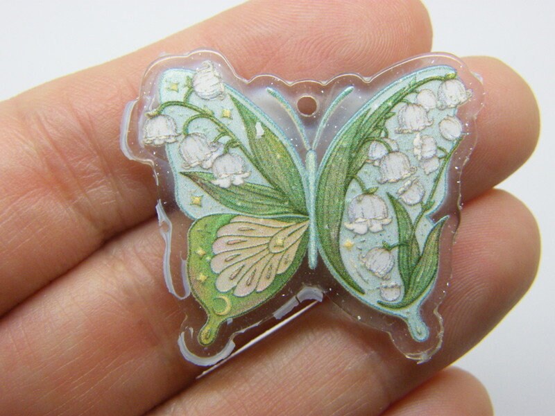 4 Butterfly flowers pendants clear white green acrylic A667