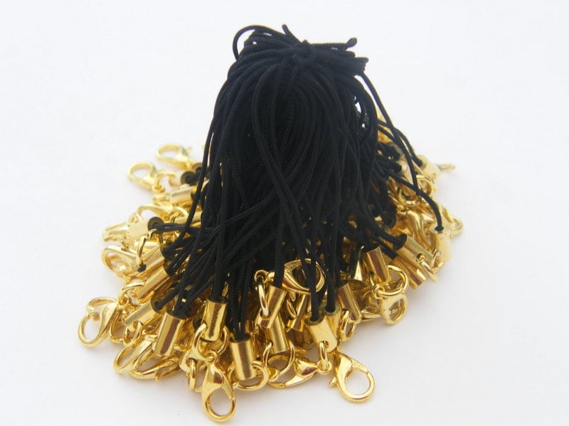 20 Black and gold cell phone cord strap 70mm with lobster clasp
